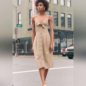 Dainty Hooligan Beige Midi Dress with Faux Button Detail & Bow Tie